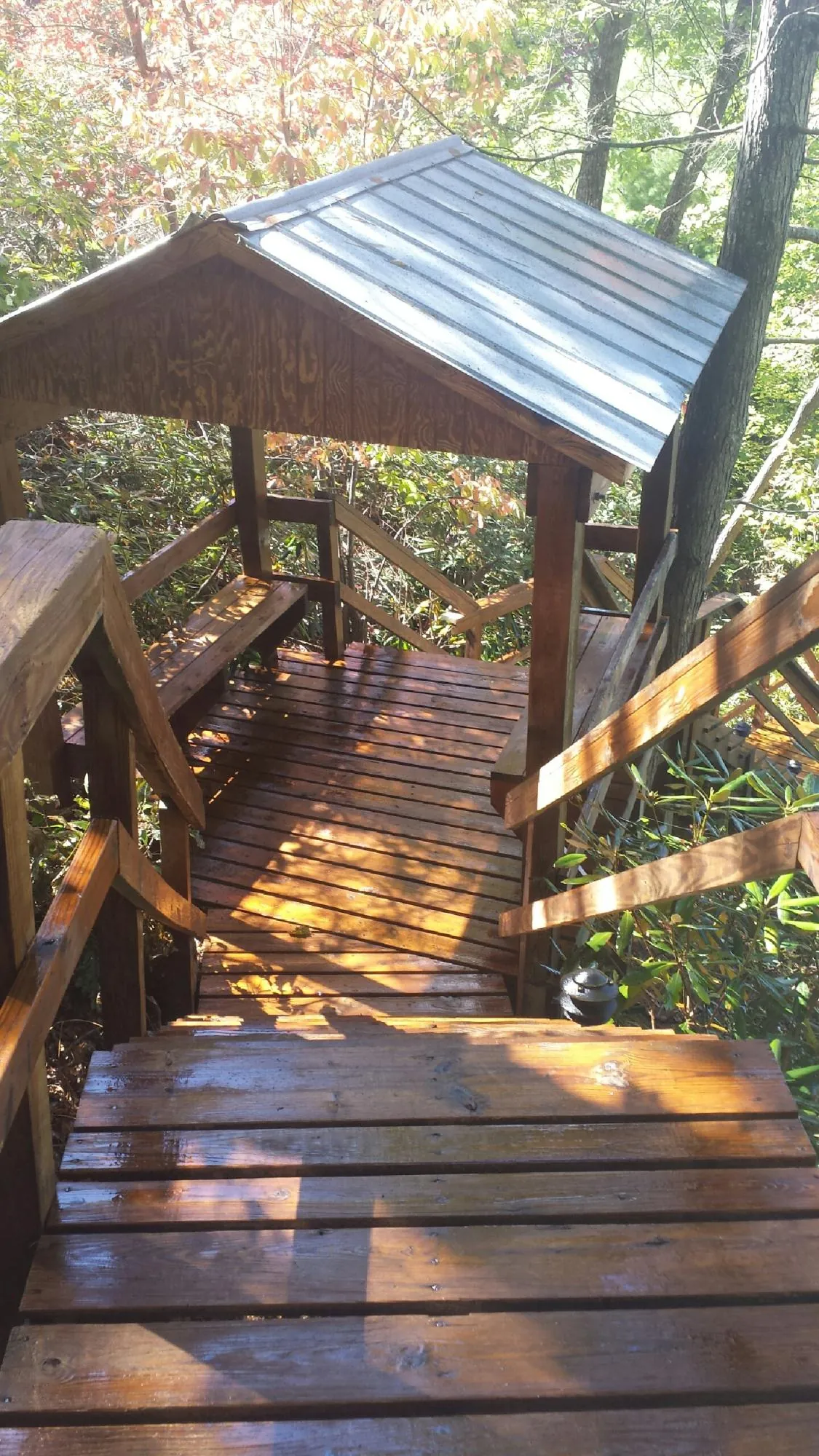 Freshly stained wood walkway and covered shelter with a metal roof in Westlake Village